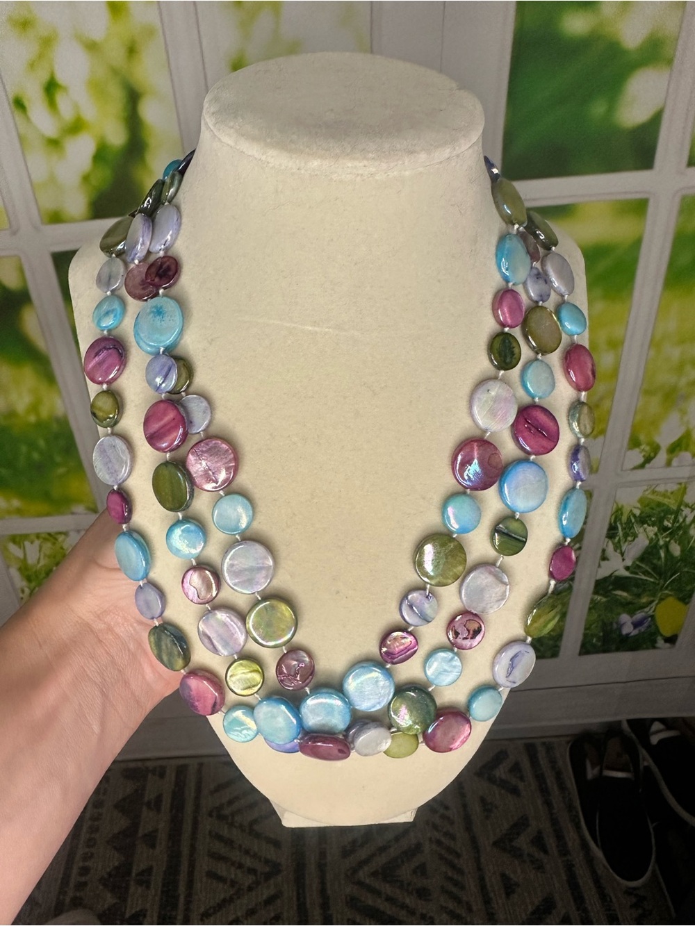 Multicolor Iridescent Shell / Mother-of-pearl Discs Triple Strand Necklace